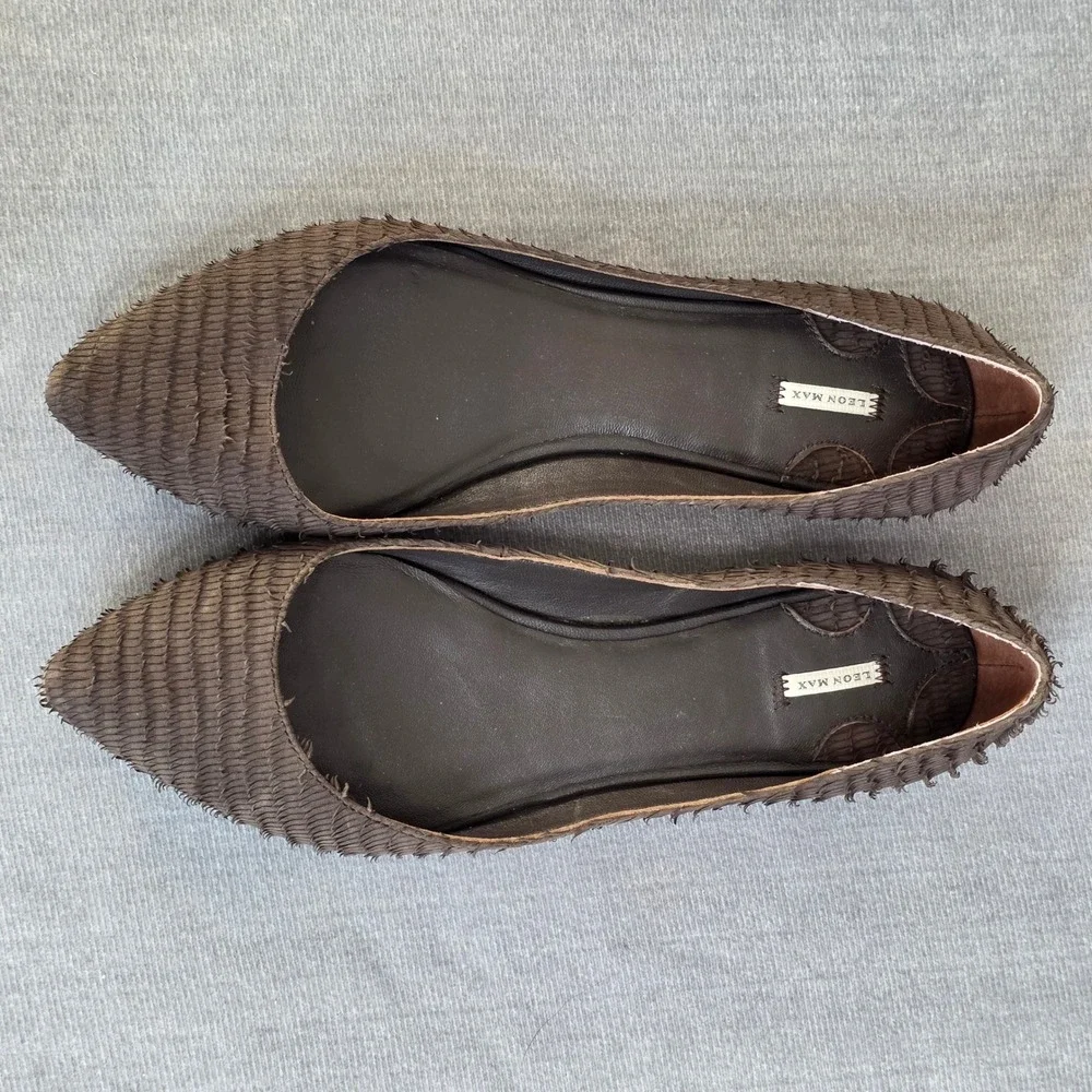 Leon Max Pointed Toe Flats Womens 7M Brown Textured Leather Feathered Fringe